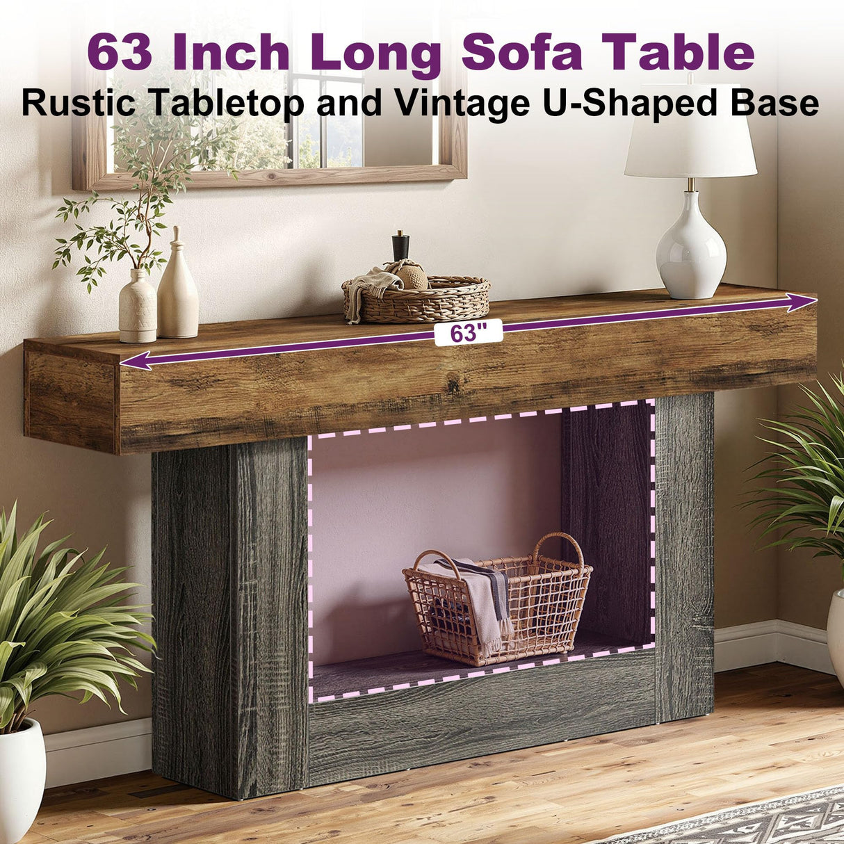 HIGREENA 63 Inch Entryway Table, 2-Tier Farmhouse Wooden Rectangular Console Sofa Table for Living Room, Hallway, Foyer Accent Table Behind Couch with U-Shaped Base - Brown & Grey HIGREENA