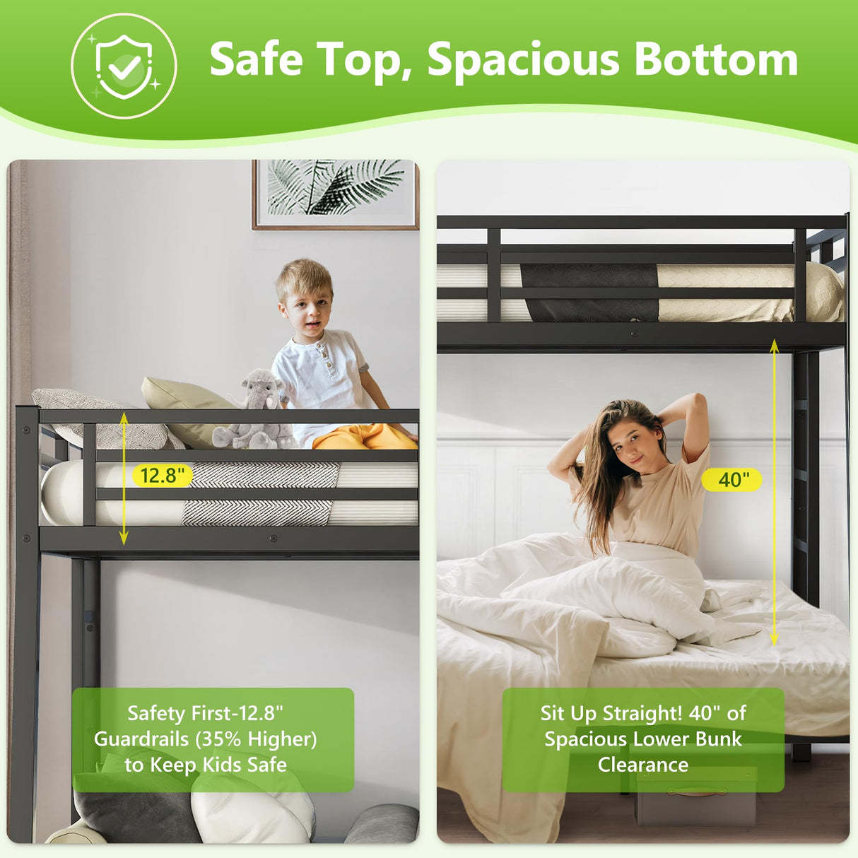 MJQFVM Full XL Over Queen Bunk Bed with 2 Ladders for Adults, Heavy Duty Metal Frame & Full Guardrails, Reinforced No-Sag Metal Slats, Space Saving for Guest Room, Dorm, Kids Bedroom, Black MJQFVM