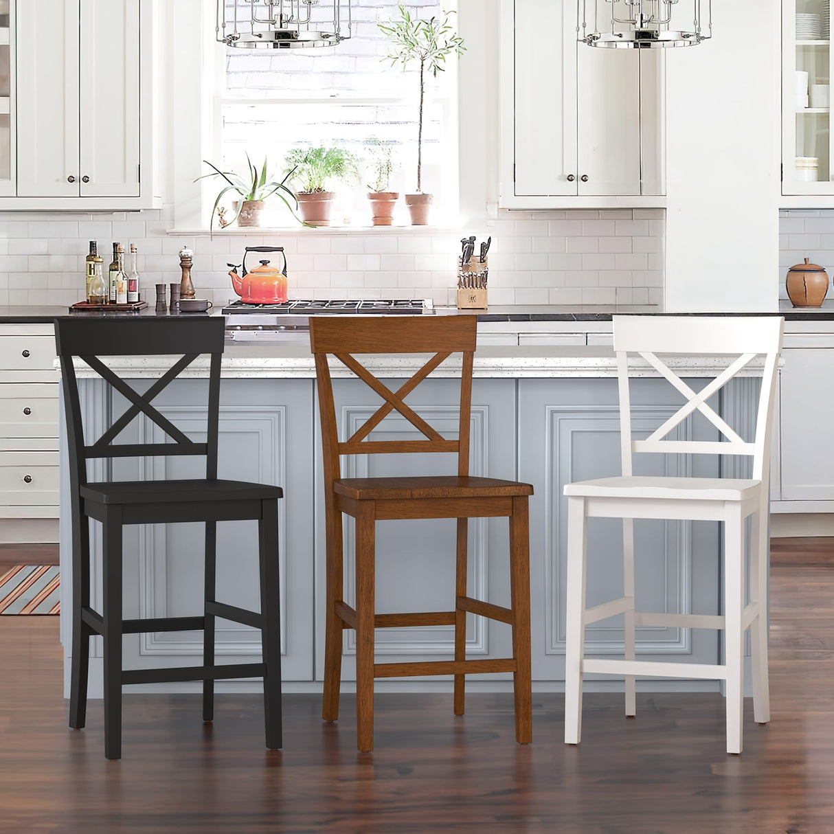 Cozyman Counter Height Bar Stools Set of 2, 24" H Wooden Counter Stools with Back and Footrest, X-Back Farmhouse Barstools for Kitchen Island, Home Bar, Black Cozyman