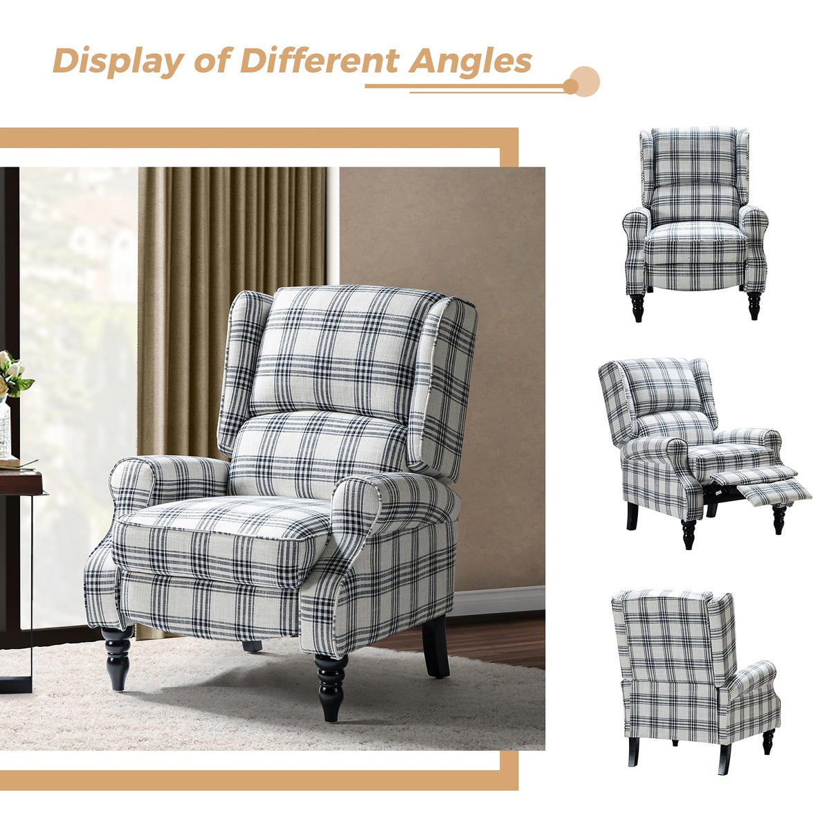 HULALA HOME Upholstered Wingback Recliner Chair, Small Adjustable Footrest Push Back Single Reclining Sofa, Mid Century Modern Lounge Armchair for Living Room, Bedroom, Reading/Plaid Black HULALA HOME