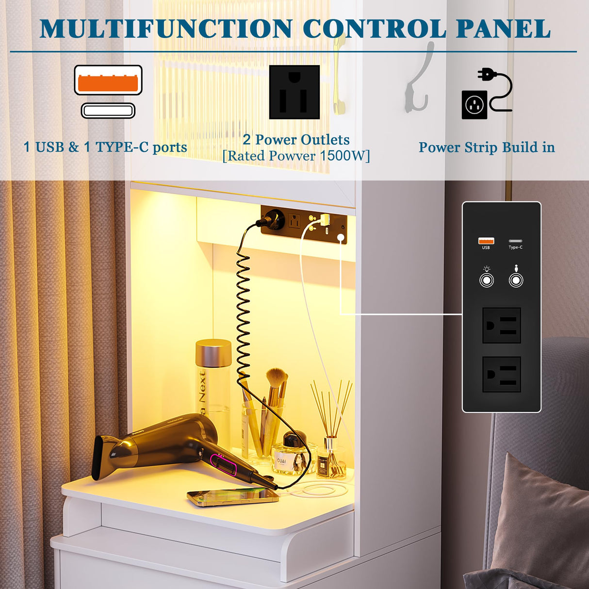 WOOVIVS Small Vanity Desk with Plip-up Mirror and Lights, Makeup Vanity Dresser with Charging Station, LED Vanities Dressing Table Set with Drawers&Stool for Bedroom，Checkroom (White,1PCS) WOOVIVS