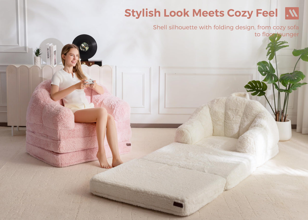 MAXYOYO Folding Sofa Bed, 2 in 1 Convertible Sofa to Lounger Comfy Single Bean Bag Chair for Adults, Floor Sleeper Couch with Handle, Faux Fur Couch Bed for Living Room Bedroom, Beige MAXYOYO
