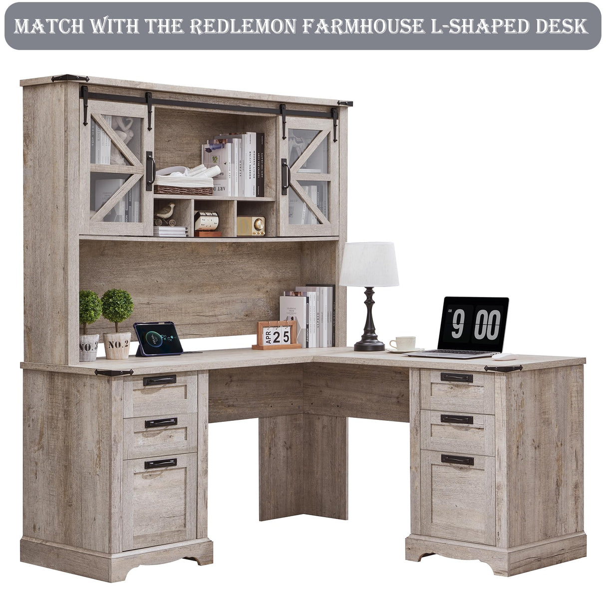 RedLemon 42" Farmhouse Desk Hutch with Sliding Barn Door and Ample Storage/Display Space, Only Match Farmhouse Desk (Light Rustic Oak) RedLemon