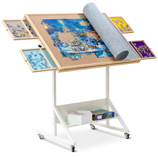 Becko US 2-in-1 Tilting & Rotating Jigsaw Puzzle Table with 4 Colored Drawers & Cover & Flip Top Design, Puzzle Board with Tilt Angle & Height Adjustments, Easy to Move, for 1500 Piece Jigsaw - WoodArtSupply