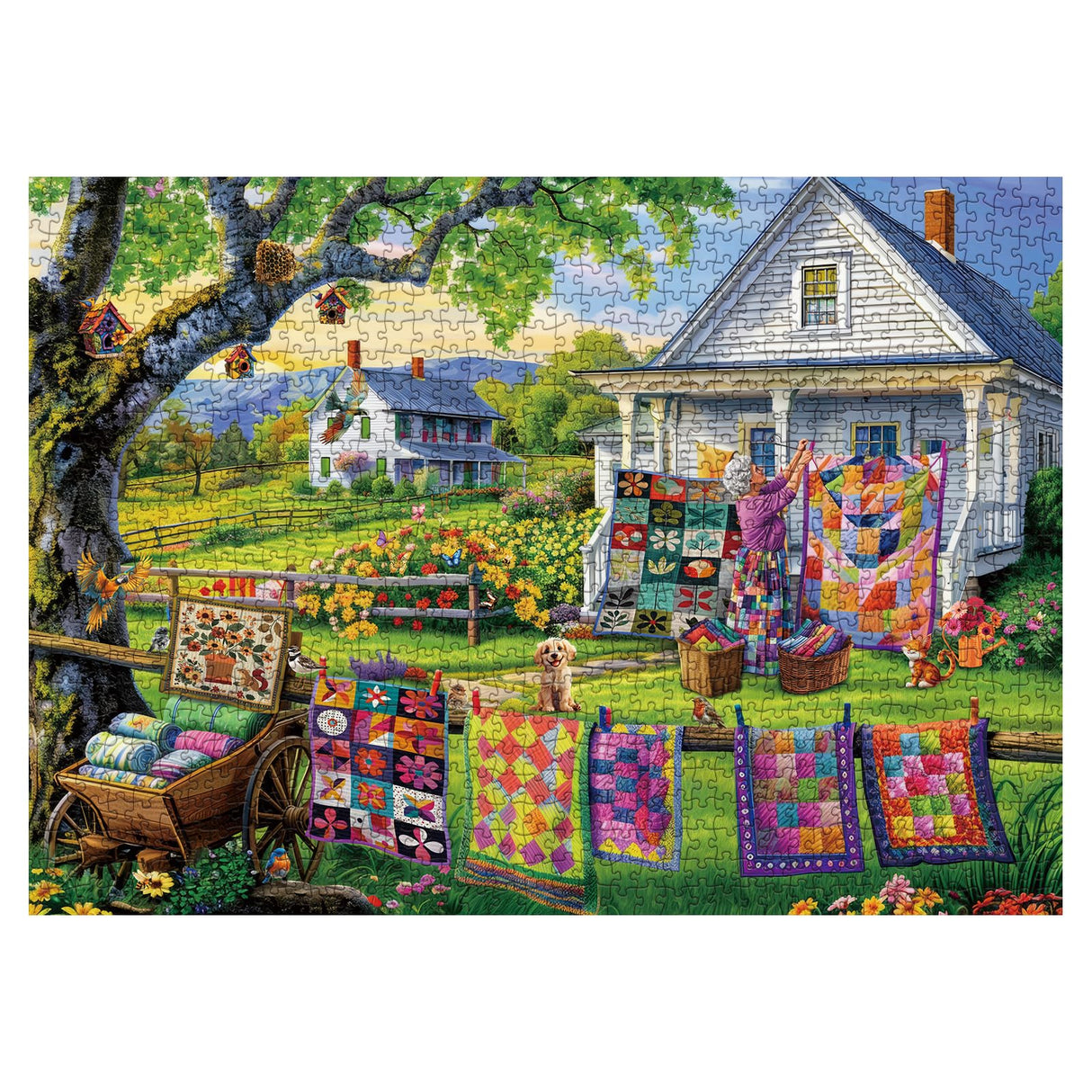 Colorful Quilts Puzzles for Adults 1000 Pieces, Cozy Grandma Garden Jigsaw Puzzles, Pretty Cat Flower Puzzles BBOLDIN