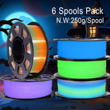 1.75mm PLA 3D Printer Filament Bundle: Glow in Dark Green/Blue/Purple/Rainbow, One Spool Clear Multi Colored, Each Spool 250g, Total 1.25Kg 3D Printing Material, 250g x 5 Spools Glow in Dark PLA DO3D