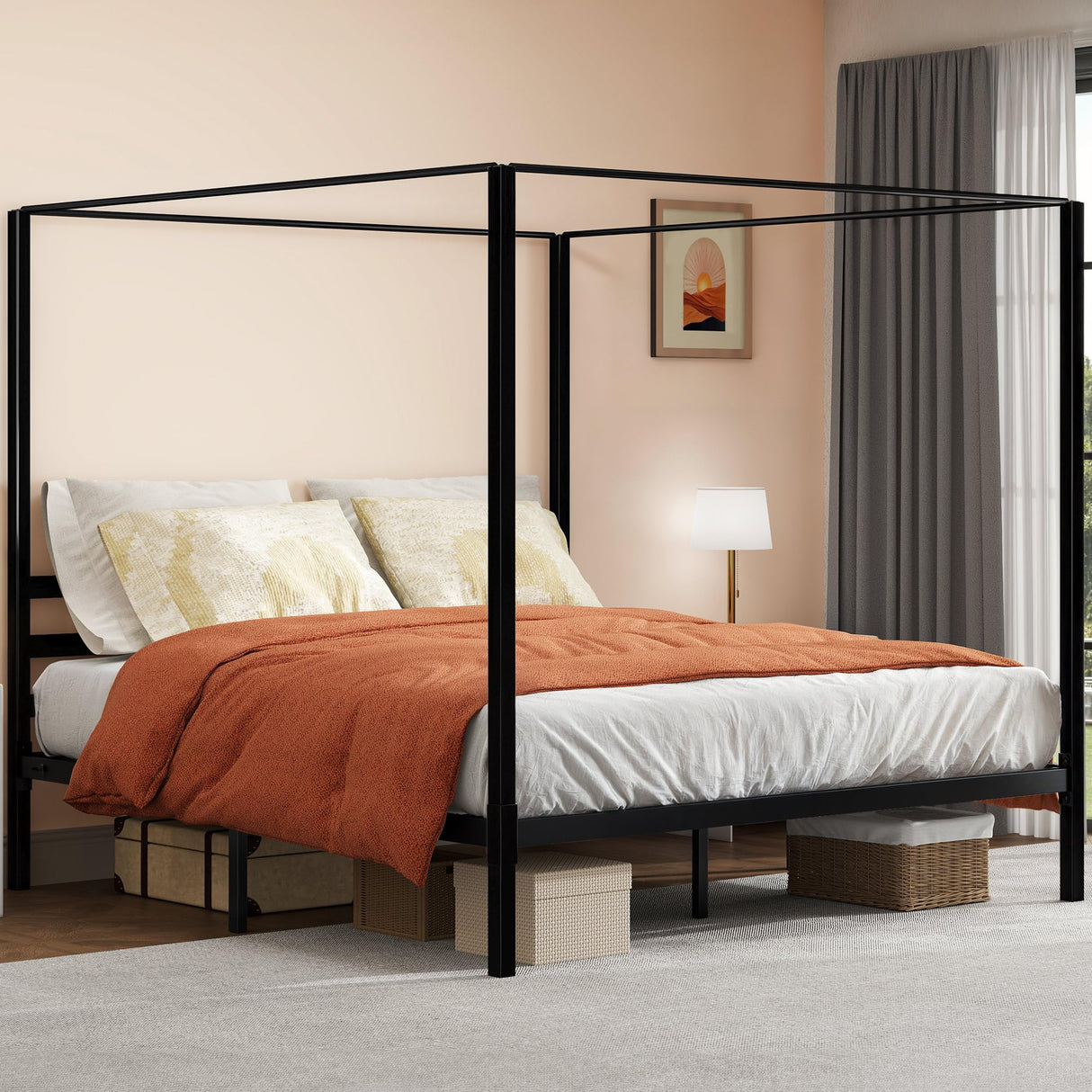 DWVO Canopy Bed Frame King, Four Poster Bed with Built-in Headboard, 14 Inch Platform Bed with Metal Slat, Noise Free, No Box Spring Needed, Black DWVO