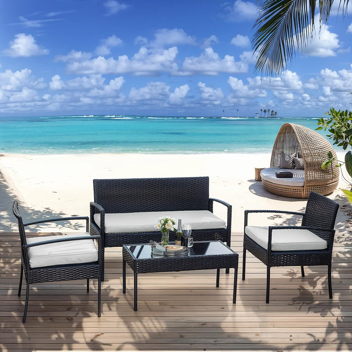 4-Piece Outdoor Wicker Sofa Set, Rattan Porch Furniture with Removable Cushions for Backyard, Balcony, and Deck - All-Weather Durability and Easy Assembly（Brown-Beige） Generic