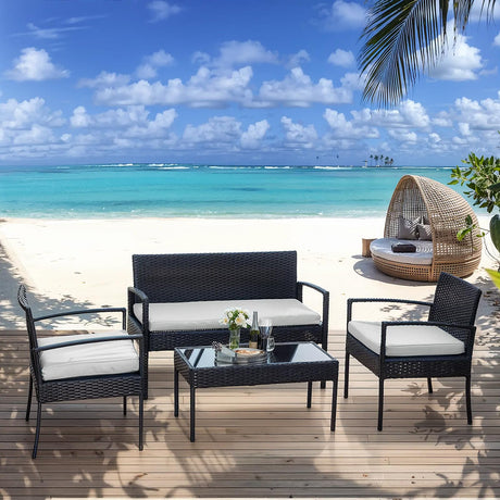 4-Piece Outdoor Wicker Sofa Set, Rattan Porch Furniture with Removable Cushions for Backyard, Balcony, and Deck - All-Weather Durability and Easy Assembly（Brown-Beige） Generic