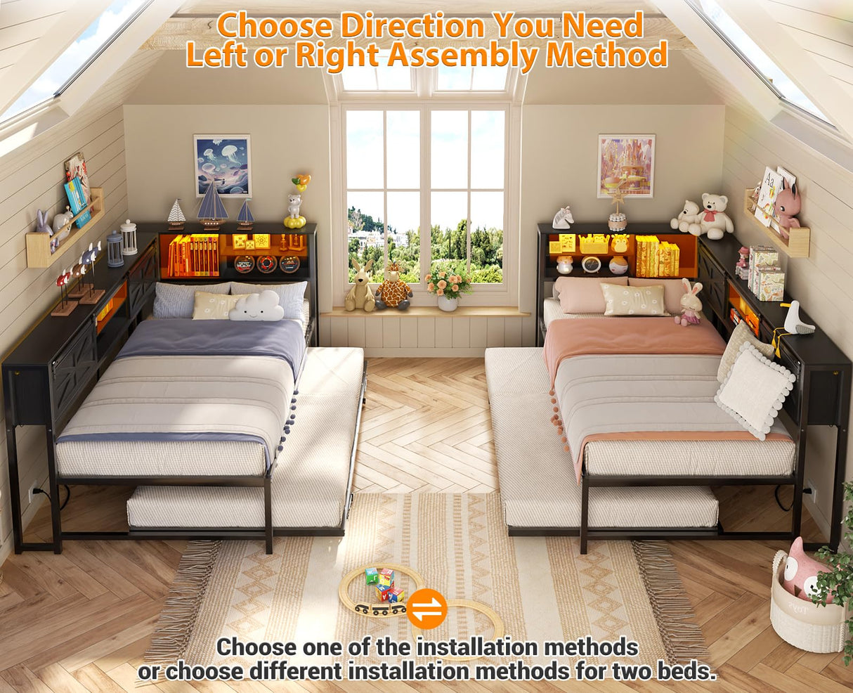 Homieasy Daybed with Pop Up Trundle, Corner Twin Bed Frame with Charging Station & LED, Reversible Twin Day Bed with Storage Bookcase Headboard for Bedroom, Living & Guest Room, Black Homieasy