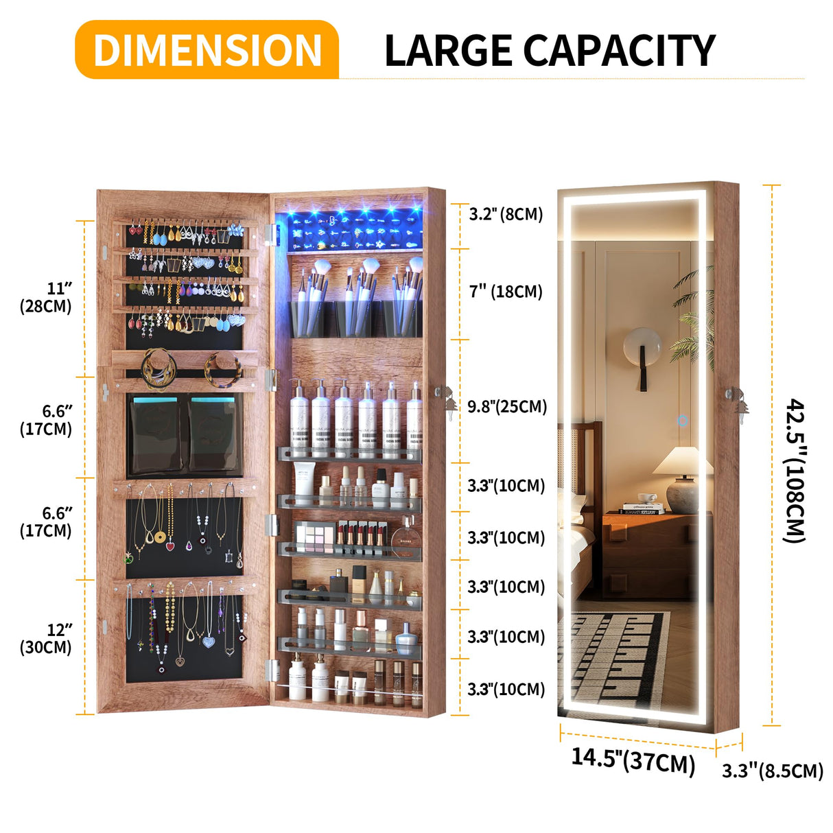 LVSOMT LED Wall/Door Mounted Jewelry Cabinet Armoire, Full Length Mirror with Lights, Lockable Storage Organizer, Over the Door Hanging Body Mirror (Wood) LVSOMT