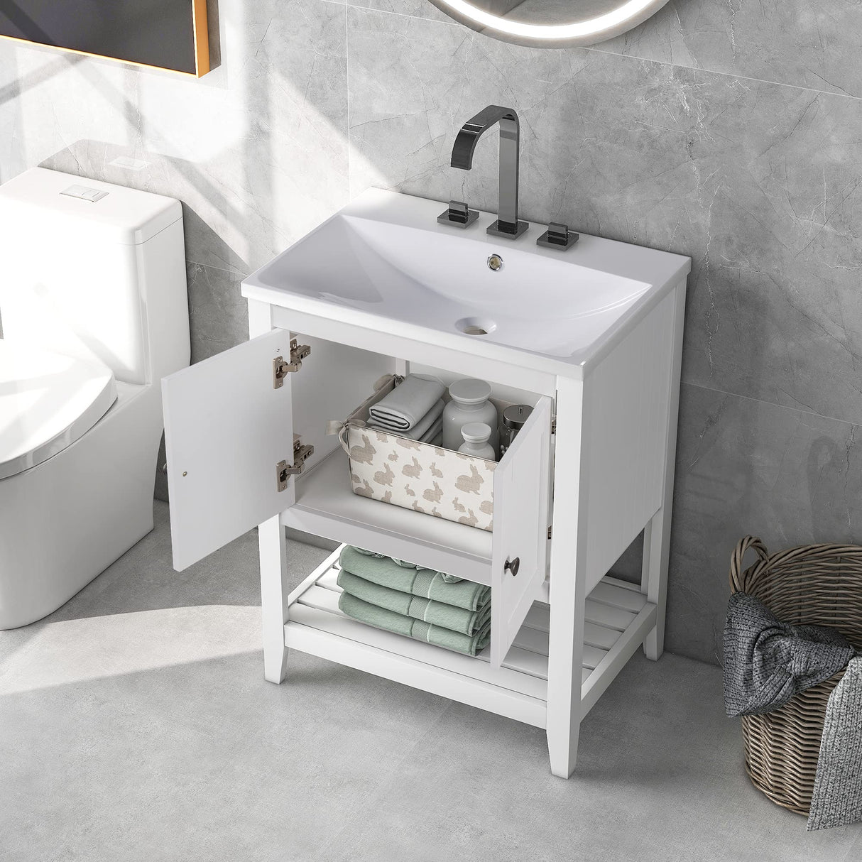 Merax 24" Bathroom Vanity with Sink,Small Bathroom Sink Cabinet with Ceramic Basin,Single Bathroom Vanities Cabinet with 2 Doors and 1 Open Shelf,Solid Wood Frame,White Merax