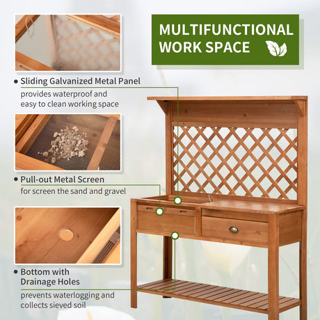 Outsunny Garden Potting Bench, Outdoor Wooden Workstation Table w/Metal Screen, Drawer, Hooks, Storage Shelf, and Lattice Back for Patio, Backyard and Porch Outsunny