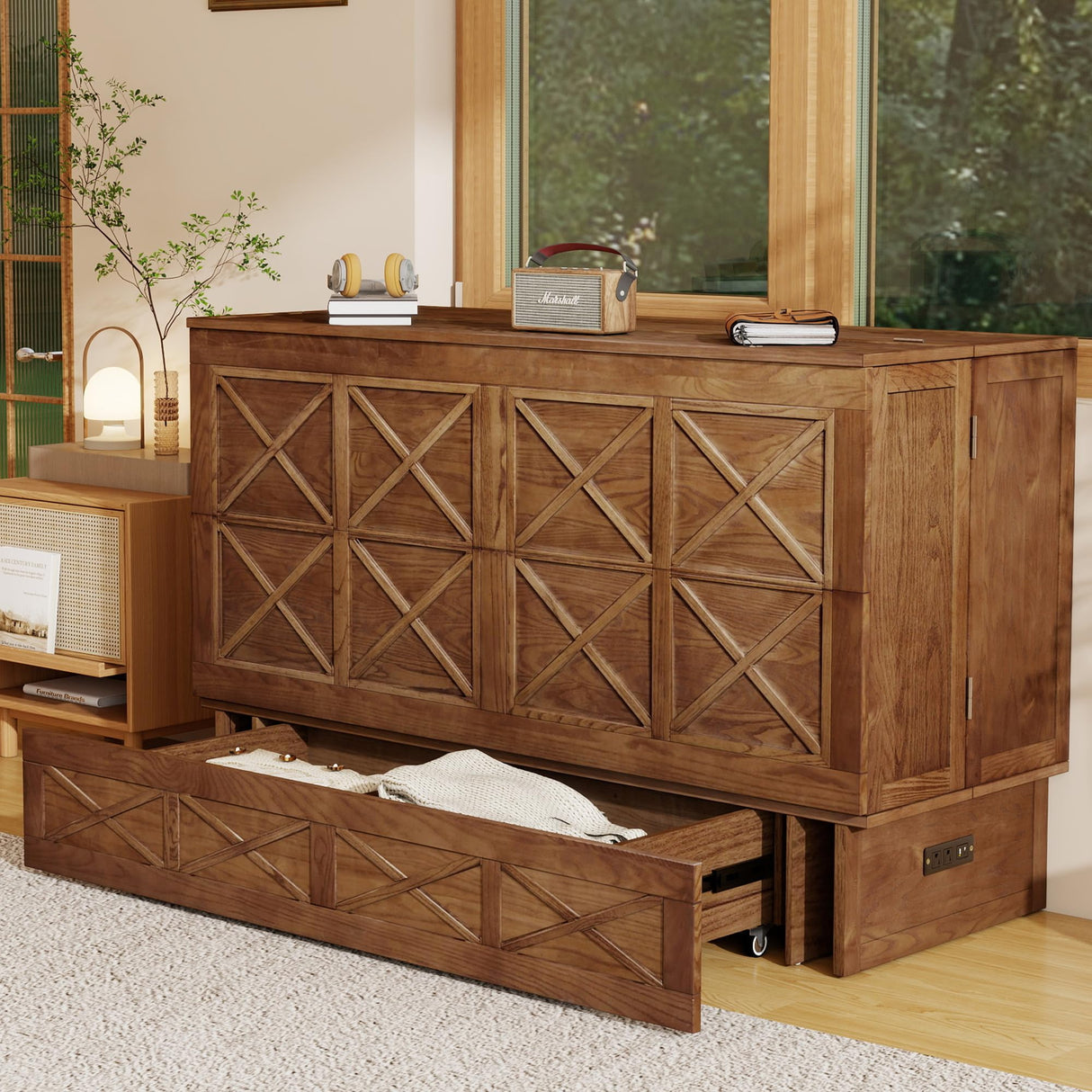 Keloyid Solid Wood Murphy Bed Cabinet：Queen Size Murphy Bed with USB Charging Station and Large Storage Drawer for Home，Optimize Sleeping Space（Mattress Not Included） Khaki-23 Keloyid