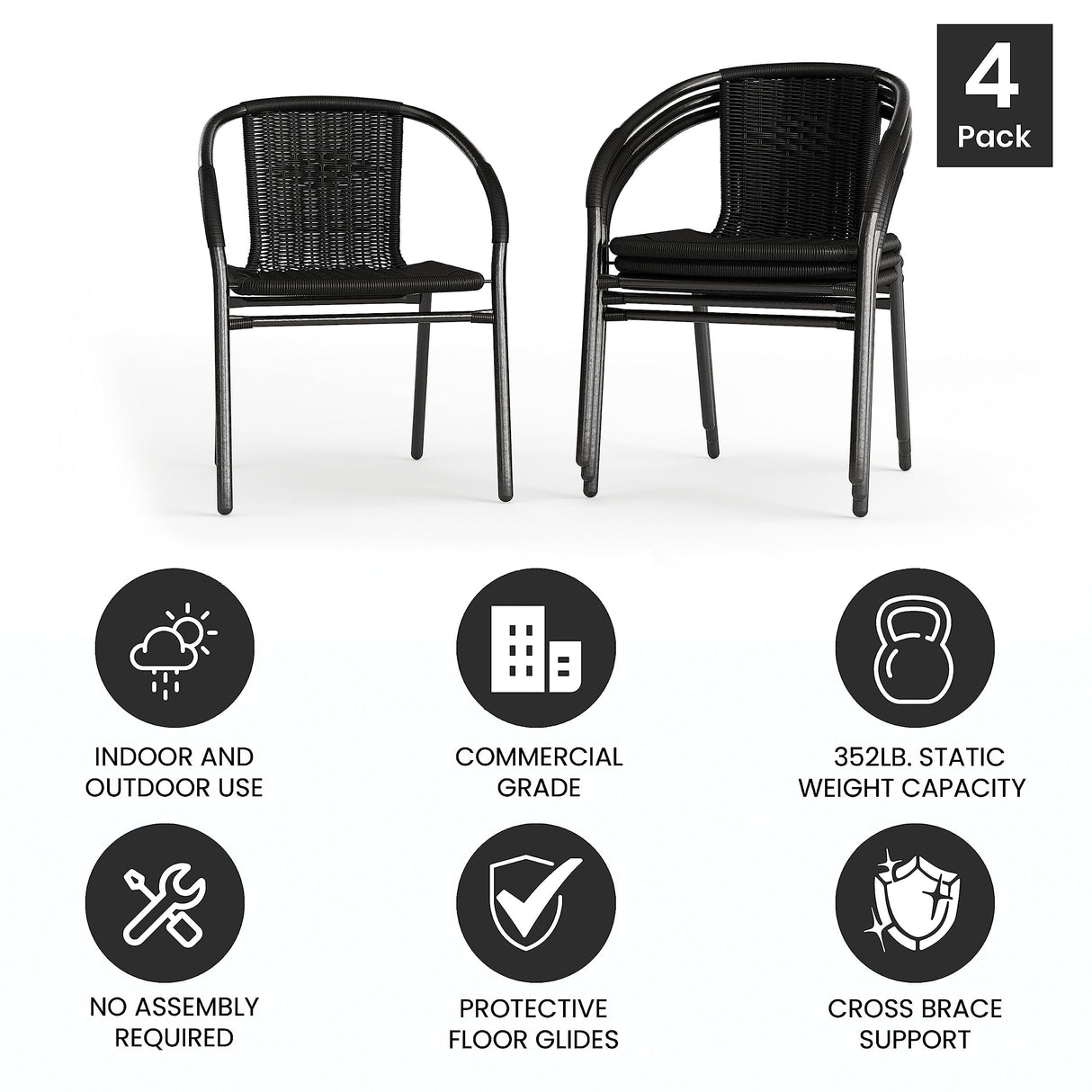 Flash Furniture Lila Modern Rattan Indoor/Outdoor Stackable Dining Chairs, Stacking Rattan Bistro Chairs for Patio or Restaurant, Set of 4, Black Flash Furniture