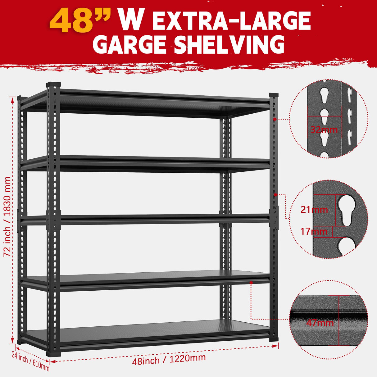 Lauxery Heavy Duty Garage Shelving, 5-Tier Storage Rack 3000LBS Capacity 48" W x 72" H x 24" D, Adjustable Storage Shelves, Boltless Assembly Shelving Unit for Workshop, Basement & Garage Organizer Lauxery