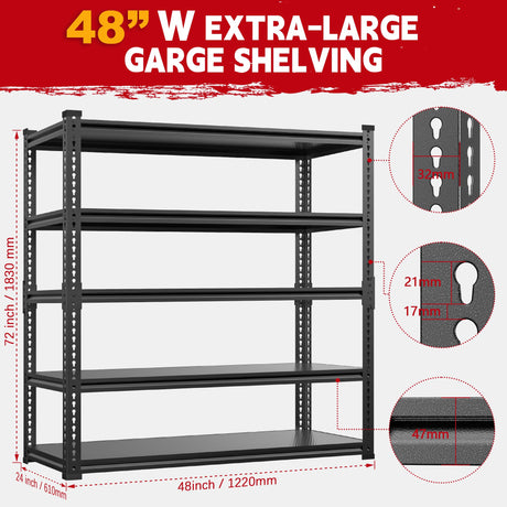 Lauxery Heavy Duty Garage Shelving, 5-Tier Storage Rack 3000LBS Capacity 48" W x 72" H x 24" D, Adjustable Storage Shelves, Boltless Assembly Shelving Unit for Workshop, Basement & Garage Organizer Lauxery