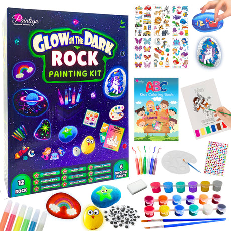 Rock Painting Kit for Kids 6-12 - Glow in The Dark Rock Painting Crafts Set, Arts and Crafts for kids ages 8-12, Stencils for Painting, Water Coloring book for 6, 7, 8, 9, 10, 11, 12 Year Old Kids PAINTIGO