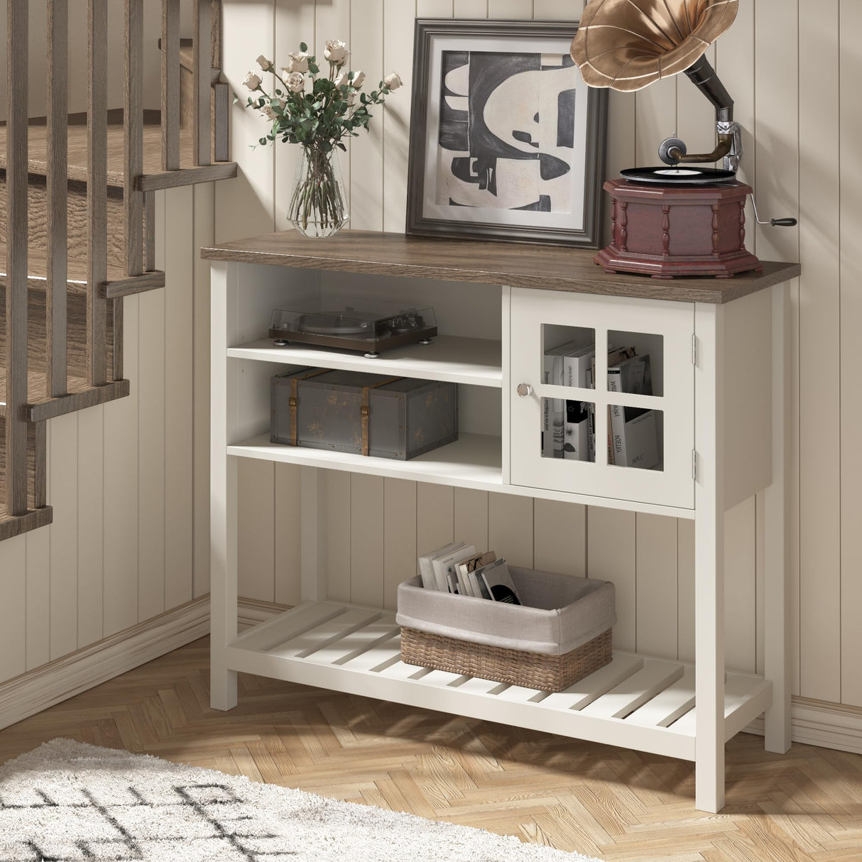 ChooChoo Farmhouse Coffee Bar Cabinet, Buffet Cabinet with Storage, Sideboard Buffet Cabinet with Glass Door, Console Table for Kitchen, Hallway, Entrance, White ChooChoo