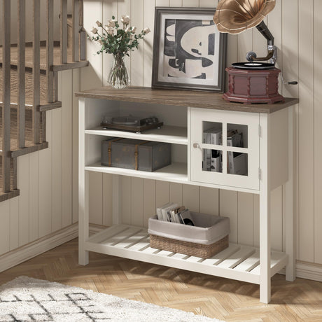 ChooChoo Farmhouse Coffee Bar Cabinet, Buffet Cabinet with Storage, Sideboard Buffet Cabinet with Glass Door, Console Table for Kitchen, Hallway, Entrance, White ChooChoo
