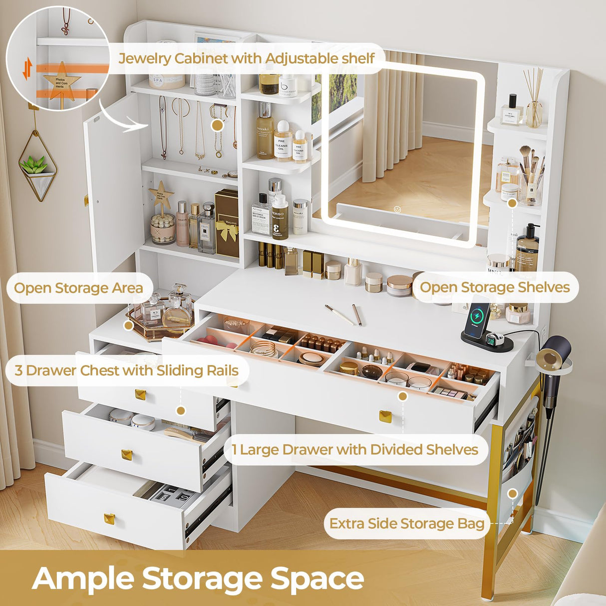 DICTAC Vanity Desk with Mirror and Lights, with Power Outlets, Makeup Vanity Table with 3 Dimmable LED Lights, 4 Drawers and Cabinets Storage, Modern Vanity Desk for Bedroom, White DICTAC