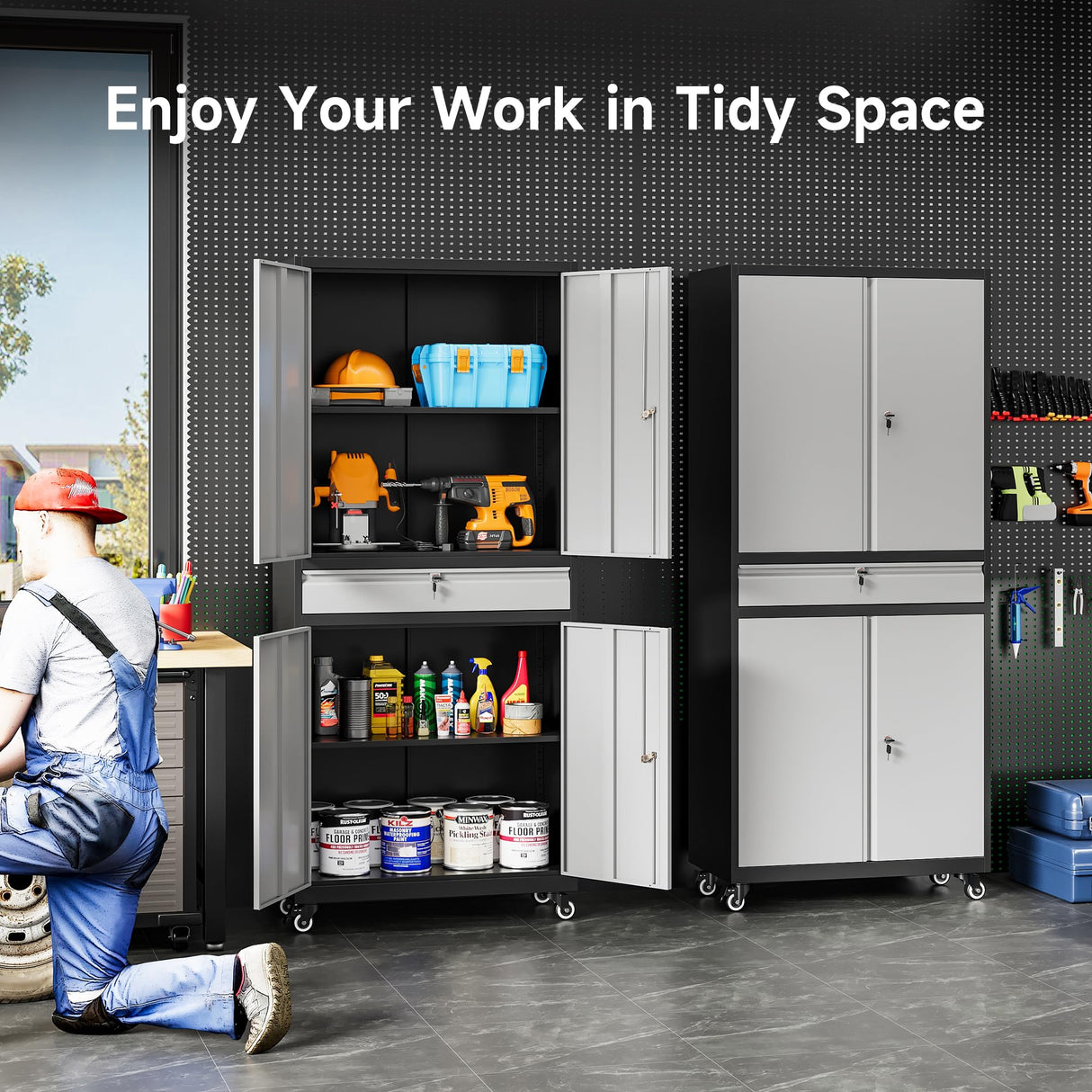 Metal Garage Storage Cabinet with 4 Wheels and 1 Drawer,Gray Rolling Garage Cabinet with Locking Doors and Adjustable Shelves,73" Mobile Tall Large Metal Storage Cabinet for Home,Office,Garage,Shop SISESOL