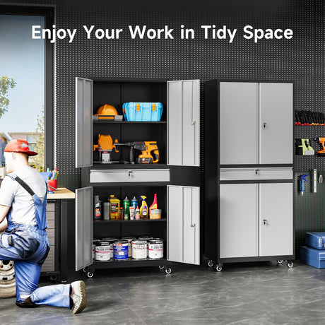 Metal Garage Storage Cabinet with 4 Wheels and 1 Drawer,Gray Rolling Garage Cabinet with Locking Doors and Adjustable Shelves,73" Mobile Tall Large Metal Storage Cabinet for Home,Office,Garage,Shop SISESOL