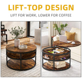 DWVO Round Lift Top Coffee Tables for Living Room, Circle Coffee Table with Storage & Hidden Compartment, Farmhouse Wood Coffee Tables with Lifting up Living Room for Home Office Samll Table, Brown DWVO