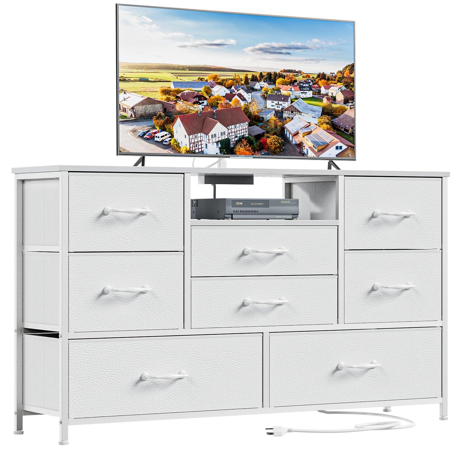 Furnulem White Dresser for Bedroom, Wide Chest of Drawers with Power Outlet for 55" TV Stand Entertainment Center, Deep 8 Drawers for Storage in Living Room,Entryway,Hallway,Closet(White) - WoodArtSupply