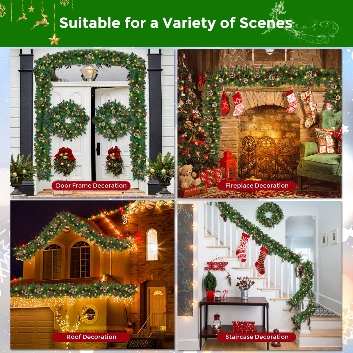 Mduvoz Christmas Garland, 12FT Prelit Christmas Garland with 100 LED Lights, Greenery Xmas Garland with 20 Pine Cones 90 Red Berry Christmas Decoration for Indoor Outdoor Home Mantel Fireplace Mduvoz