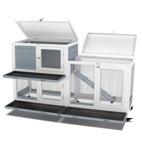 GDLF Two Floors 58" Wooden Indoor Bunny Hutch Rabbit Cage on Wheels Guinea Pig PET House for Small to Medium Animals Waterproof No Leak Tray GDLF