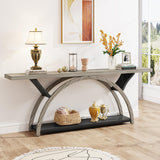 Tribesigns 70.87" Console Table with Storage Shelf, Narrow Long Sofa Table Behind Couch Table, 2-Tier Rustic Entryway Table with Half Moon Frame for Hallway Living Room, Gray & Black (Gray & Black) Tribesigns