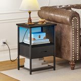 Fixwal Night Stand with Charging Station, LED Nightstand with Fabric Drawers, End Table with PU Finish, Bedside Table, Black Fixwal