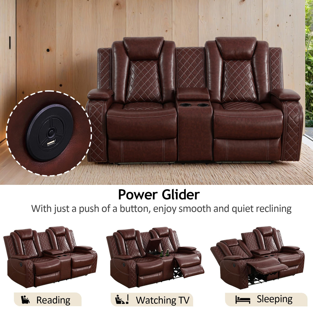 YIORTWO Power Recliner Sofa Set - Breathable Leather Power Recliner Sofa,Living Room Furniture with USB Charging, LED Lights,Hidden Storage Buckets, Stainless Steel Cup Holders(Loveseat,Brown) YIORTWO