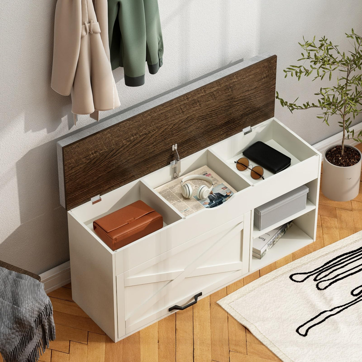 ChooChoo Storage Bench with Cushion, Shoe Bench with Lift Top Storage, Adjustable Shelf, Shoe Cabinet for Entryway, Living Room, Bedroom, Soft White & Brown ChooChoo