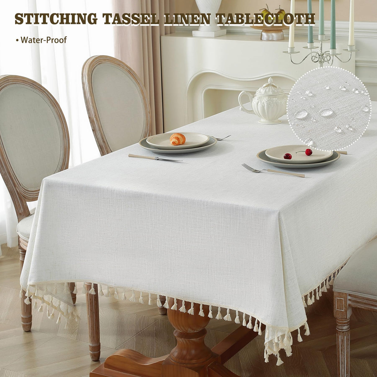 Alsoo Table Cloth Rectangle Table Heavy Duty Cotton Linen Texture Tablecloth Farmhouse Waterproof Wrinkle Free Table Cover with Ivory Tassel for Kitchen Dining Holiday Party, Ivory, 55" x 75" Alsoo