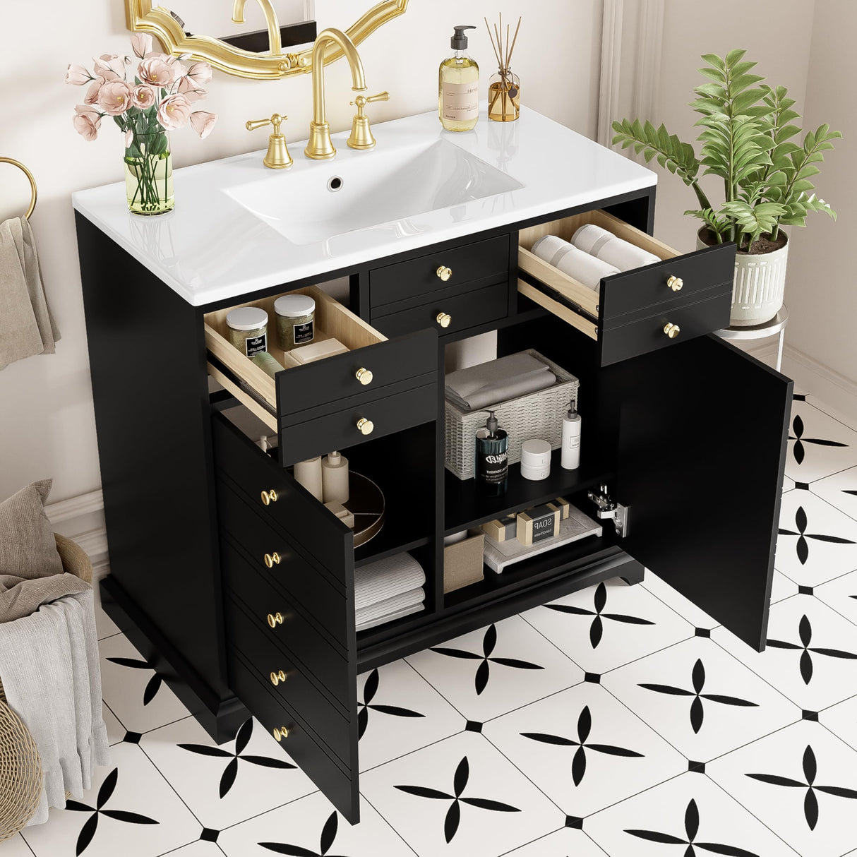 Merax 36" Farmhouse Bathroom Vanity with Sink, Single Sink Freestanding Modern Bathroom Vanity Storage Cabinet with 2 Drawers and 2 Cabinets, Solid Bracket Feet, Black Merax
