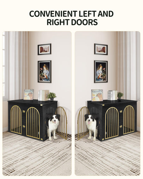 Hzuaneri 44.1'' Dog Crate Furniture, Dog Kennel Indoor Arched Door Design, 3 Door Wooden Dog Crate Furniture for Small/Medium/Large Dog, Side Table, TV Stand, Anti-Chew, Anti-Escape, Black Gold Hzuaneri