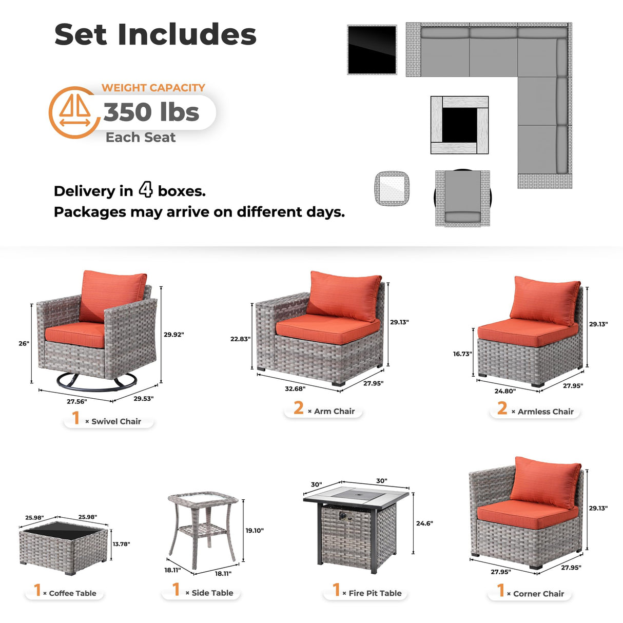 ovios 9 Pieces Patio Furniture Set, Outdoor Wicker Sectional Sofa with 30" Fire Pit Table Swivel Chair, Modern Modular Deep Seat Rattan Couch Conversation Sets, Orange Red ovios