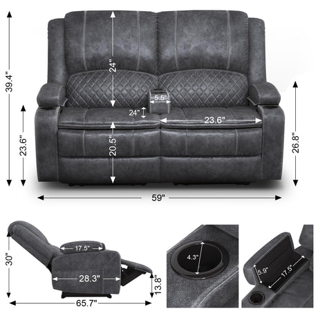 Yolsali Loveseat Recliner Sofa, Manual Reclining Loveseat with Removable Armrest, Dutch Velvet Recliner Loveseat for Adults with 2-Tier Cushions, USB Charging Ports, Cup Holders - Grey Yolsali