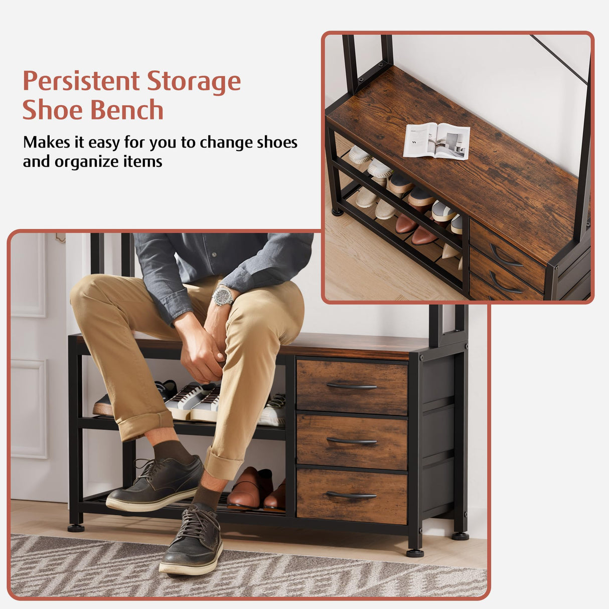 Lulive Hall Tree with Bench and Shoe Storage, 31.5" Coat Rack Freestanding with 2-Tier Storage Shelf, 6-in-1 Entryway Bench Coat Rack with 12 Hooks and 3 Drawers(Rustic Brown) Lulive