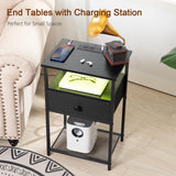 LOAKEKEL Night Stand Set 2, LED Nightstand with Charging Station, End Tables with Fabric Drawer for Small Spaces, Bedside Table with Storage Shelf for Bedroom, Black, HETS01BK LOAKEKEL