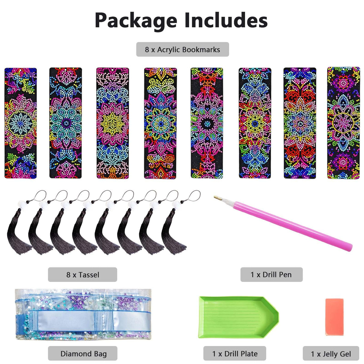 8PCS Mandala Diamond Art Bookmarks for Adults Acrylic Bookmark Kit with Tassel for Book Lovers Gift 5D Diamond Art Book Marks for DIY Making Beginners Arts Craft HAOAD