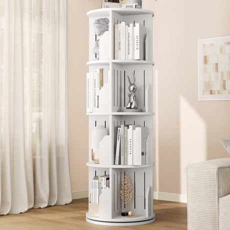 Rotating Bookshelf Tower, 4 Tier Corner Narrow Spinning Bookcase, 360° Revolving Storage Round Book Shelf, Vertical Swivel Lazy Susan Organizer for Kids Rooms Classroom Library Small Space Decor Vividwood