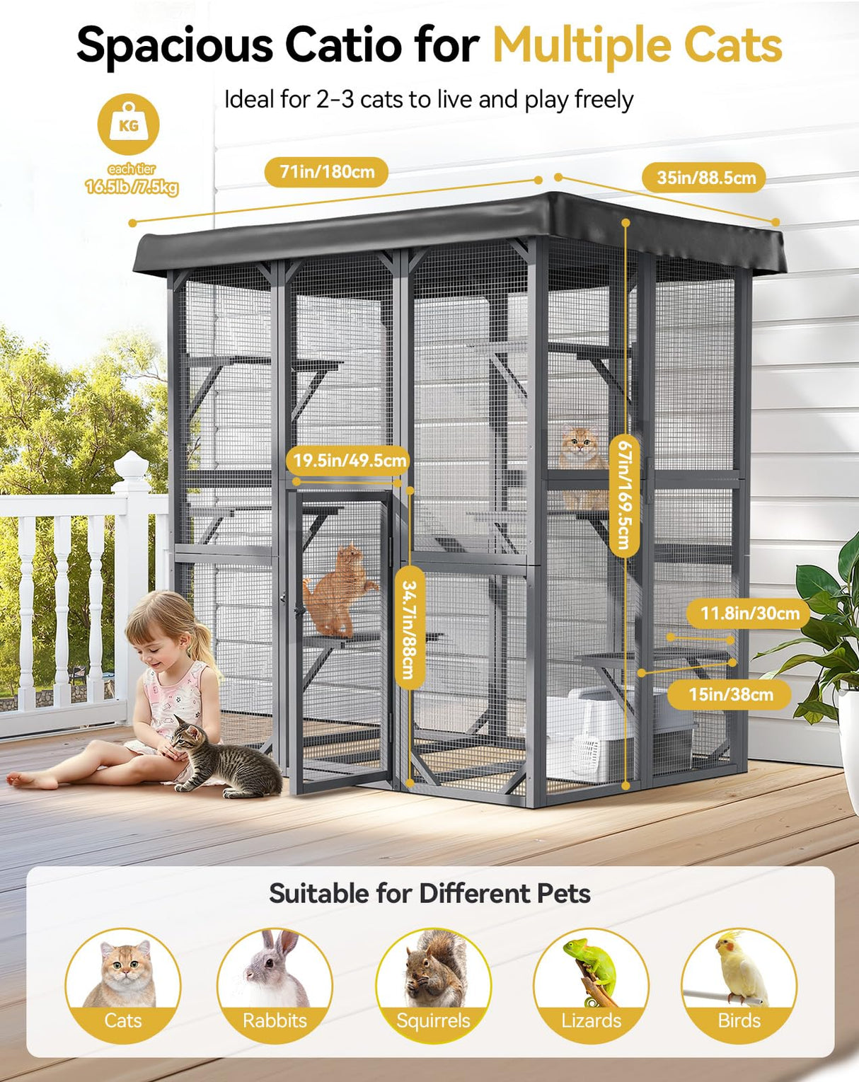 Catio Outdoor Cat Enclosure, 71" Large Cat House for Multiple Cats with Waterproof Roof, 3 Tier Cat Cage with 6 Platform for Patio, Yard, Graden PawGiant