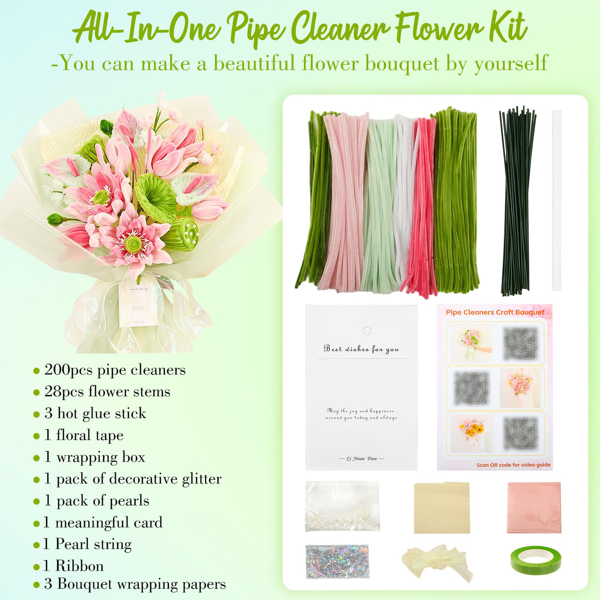 Pipe Cleaners Craft - Pipe Cleaners Flowers, Pipe Cleaner Flower Kit, DIY Pipe Cleaners Flower Bouquet Craft Supply Kit for Art Project Activity, Birthday Mother’s Day Anniversaries Graduations Gifts ERNTRNL