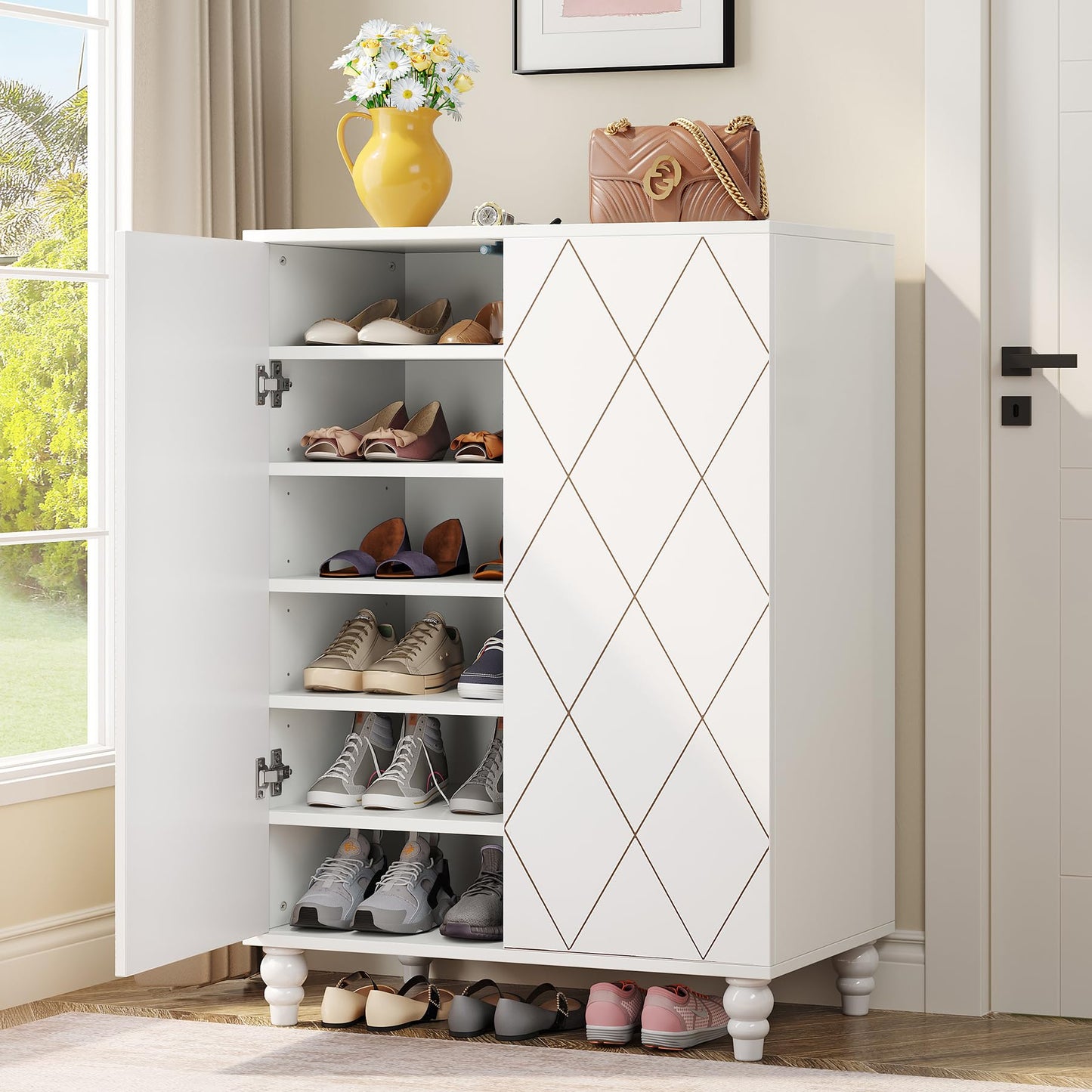 Tribesigns Shoe Cabinet with Doors, 6-Tier Shoe Cabinet Storage for Entryway, Wooden Shoe Storage Cabinet with Adjustable Shelves, Hidden Shoe Cabinets for Hallway, Living Room‎, White - WoodArtSupply