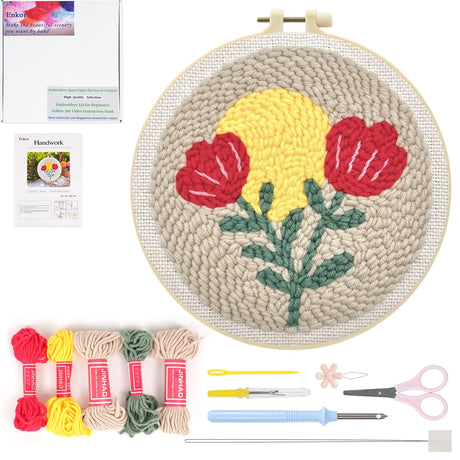 Enkor Punch Needle Kit Adults Beginner,Needle Punch Embroidery Kits Beginners Kids Include Instructions Video, Fabric,Hoop,Yarns,Threader-Flowers Love F1 Enkor