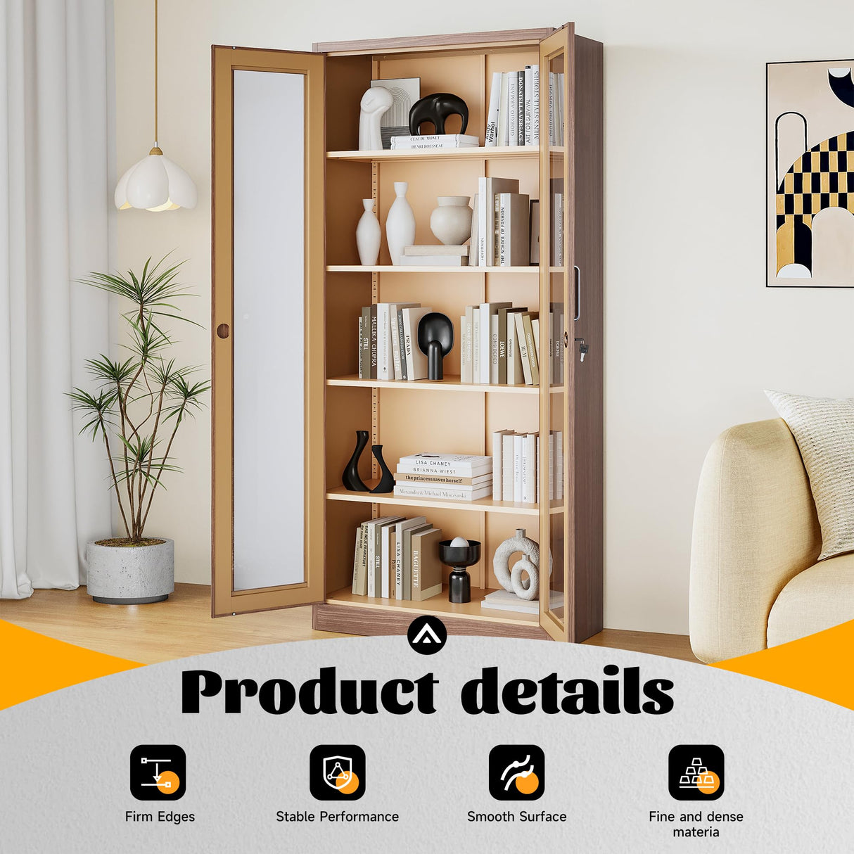 Metal Storage Cabinet with Lock and Glass Doors,Glass Display Cabinet,Tall Storage Cabinets,Locking Curio Cabinets with 5 Shelves for Collectibles,Home,Office,Living Room SISESOL