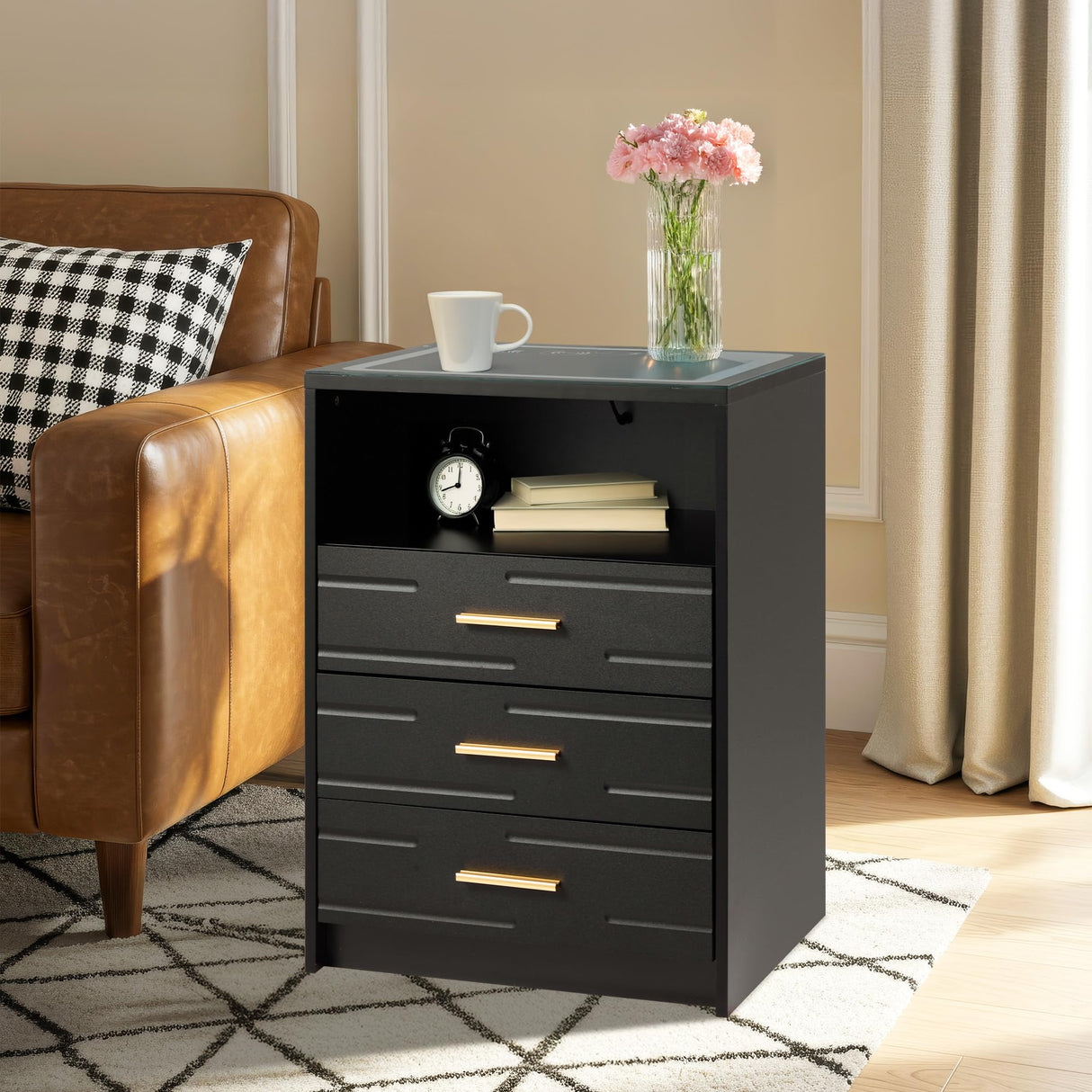 EROMMY LED Nightstand with Wireless Charging Station, Smart Night Stand with Color Adjustable Brightness Lights, Touch Screen Bedside Table with Glass Top, Drawers, Side Table for Bedroom EROMMY